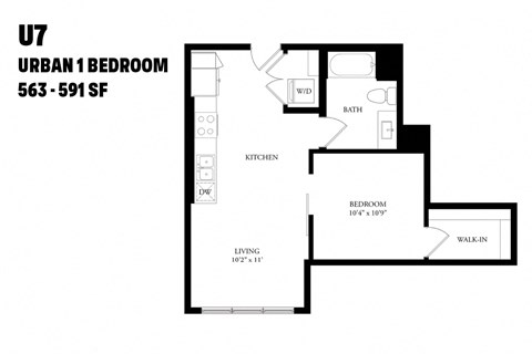 Floor plan for 1 bed, 1 bath, 585 sqft